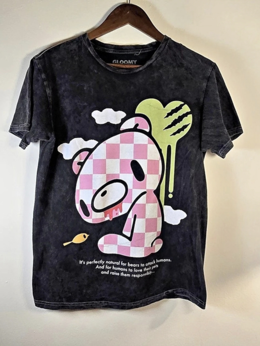 Gloomy Bear Pink Checkered Graphic Acid Wash T-Shirt Mori Chack Size Small S